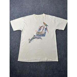 Mens Graphic Jimmy Buffett Dolphin Sailboat Parrot Beige T Shirt, Size XLT